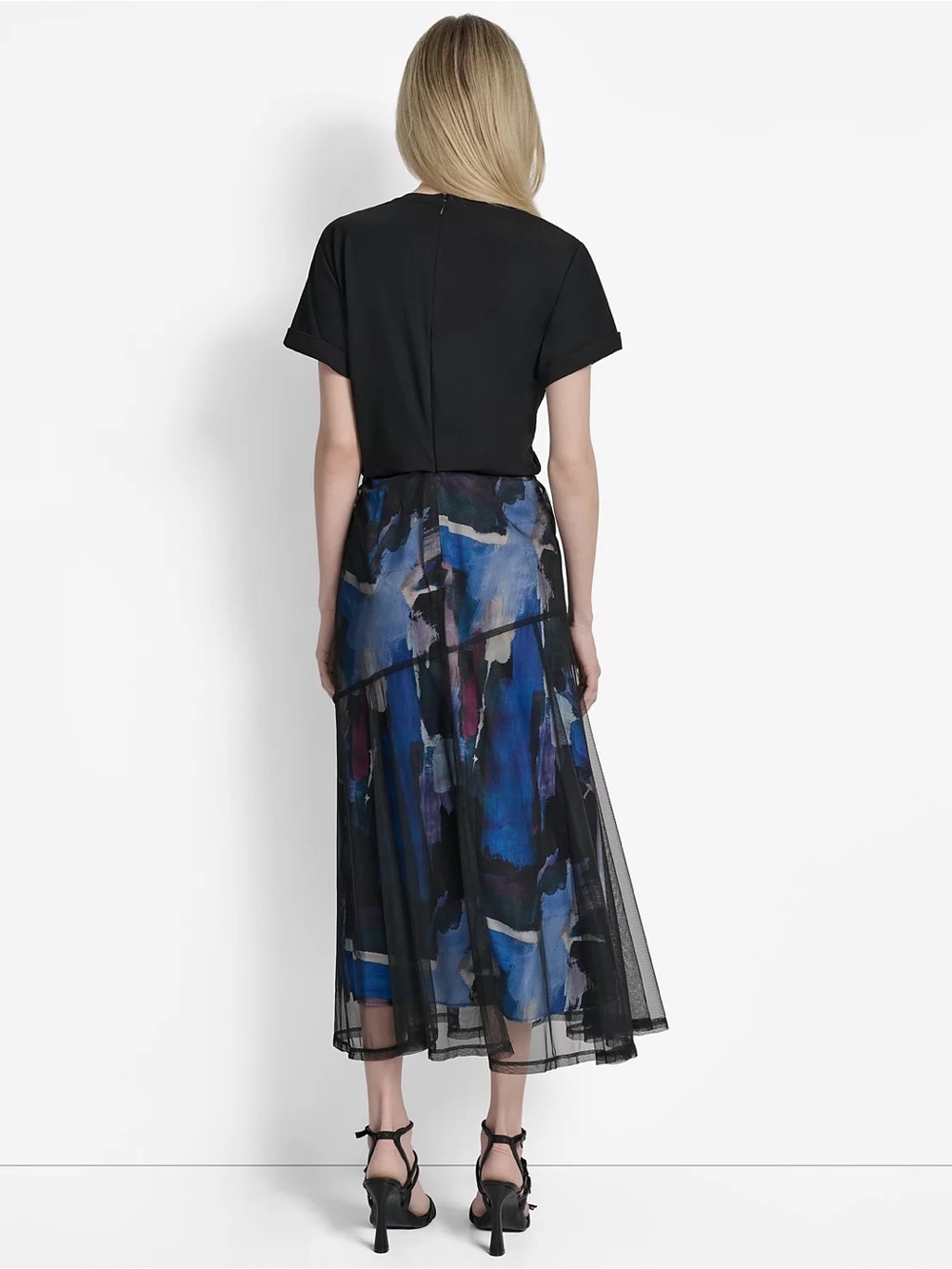 DKNY Black Mesh Midi Skirt with Blue & Purple Abstract Print - Picture 2 of 4
